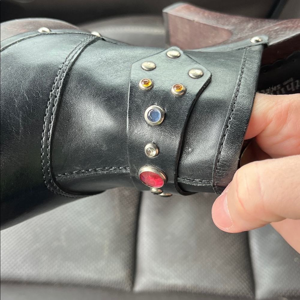 Skechers Black Leather Studded Slip-On Clogs with Red Accent Gems - Picture 10 of 11